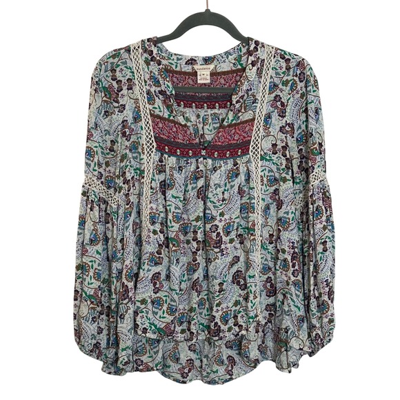 Sundance Tops - Sundance Crochet Trim Rayon Top Blouse Size M Multicolor Boho Balloon Sleeves